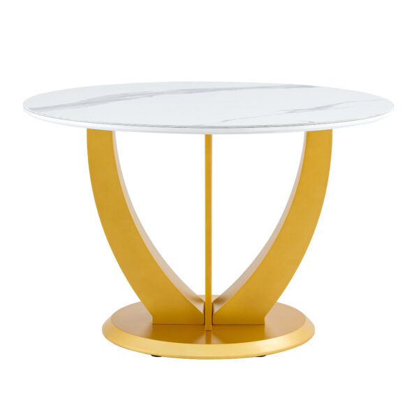 79525eec9ffe4e779aeb93dc4c31ea69_f5c4804ea574c6f91d6bf31e39ab724c Table and chair set.Luxurious Snow Mountain White Slab Round Dining Table Set - 47"x47" with 4 Black PU Chairs with Simple Line Designs On The Backrest .Golden Metal Legs.