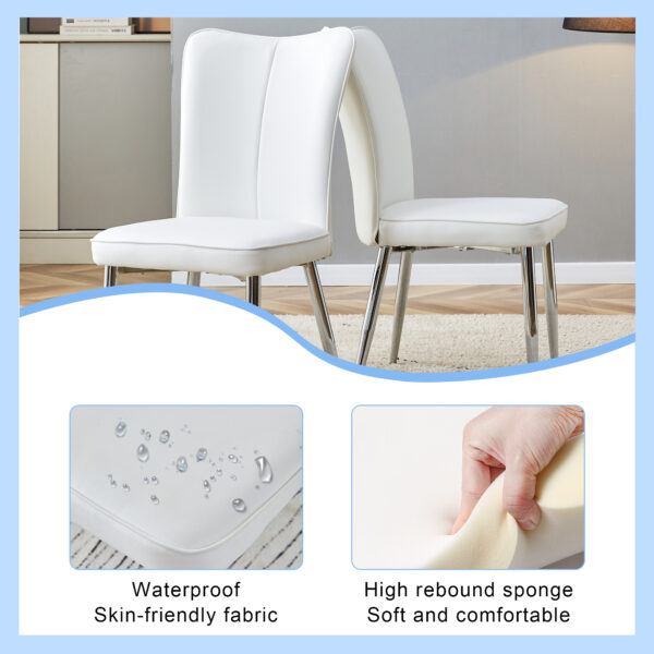 7969cba656ed4076bc27224569600cd9_7cf9663bbfa96d0e4996f44a2810aa5b Table and chair set.Elegant Transparent Tempered Glass Dining Set - 71"x35.4" with 8 White PU Chairs with a vertical stripe design on the backrest.