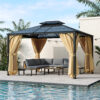 TREXM 10'x12' Hardtop Outdoor Gazebo, Heavy Duty Double Roof Patio Gazebo with Aluminum Frame, Double-Layer Side Walls Mosquito Netting & Privacy Curtains for Patio, Garden, Backyard (Beige)