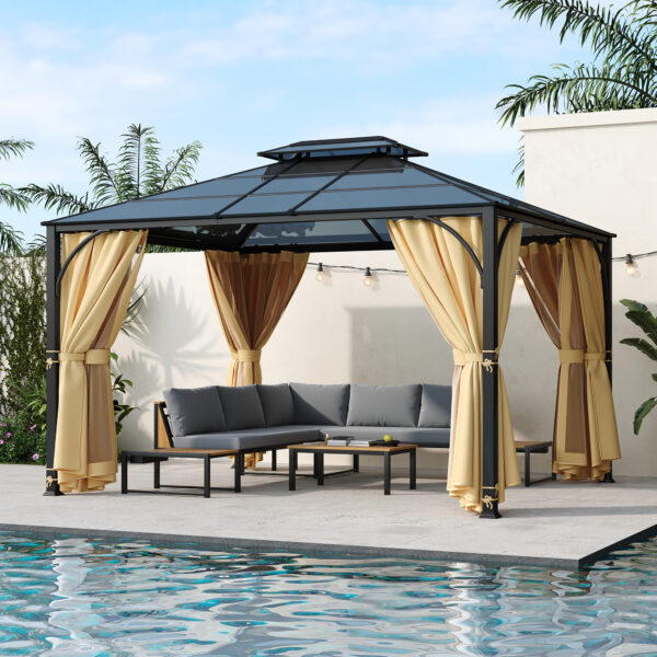 TREXM 10'x12' Hardtop Outdoor Gazebo, Heavy Duty Double Roof Patio Gazebo with Aluminum Frame, Double-Layer Side Walls Mosquito Netting & Privacy Curtains for Patio, Garden, Backyard (Beige)
