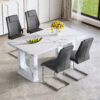 Table and chair set.64.5 x 35.4 Inch Stylish White Marble Textured Dining Table,Perfectly Blending Simplicity And Transparency.Paried With 4 Dark Gray High-quality PU Chairs With Arched Metal Legs.