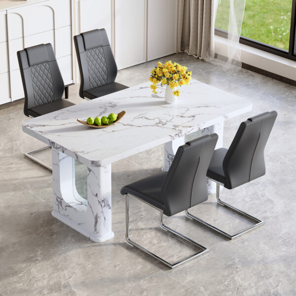 7986a32b16894145bf2d56326c3a252d_d9140ec3a1ae35e5fd920bd136660840 Table and chair set.64.5 x 35.4 Inch Stylish White Marble Textured Dining Table,Perfectly Blending Simplicity And Transparency.Paried With 4 Dark Gray High-quality PU Chairs With Arched Metal Legs.