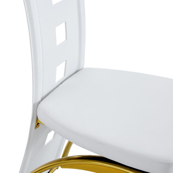 799f29fca15949be84bbaa8e93d54761_3a6a8f1cfc1832d3d014dc3e66ccccfa Table and chair set.63"*35.4" White Imitation Marble Pattern MDF Dining Table Set - 4 PU Chair With White Saddleback, Geometric Pattern Backrest,Golden Curved Metal Leg.Suitable For Various Scenes.