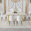 Table and chair set.The table has a glass top with imitation marble pattern stickers and stainless steel golden legs. Paried with chairs with PU artificial leather backrest cushions and black legs.