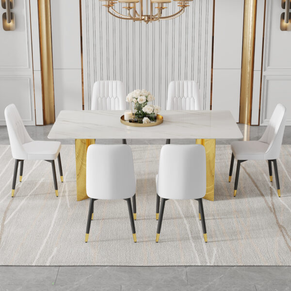 79a1b203dc7944c9a6364a334ab8b568_e1627dccba8cd279480def7dd67989fa Table and chair set.The table has a glass top with imitation marble pattern stickers and stainless steel golden legs. Paried with chairs with PU artificial leather backrest cushions and black legs.