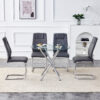 Table and chair set.36.6"Round clear glass dining table with a unique shape with ring-shaped gathered silver metal legs.Paired with 4 Dark gray high-quality PU dining chairs with silver metal legs.