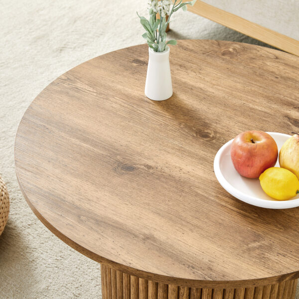 79cc26ea21294f88ac94b19fe7c8c6e9_91f69adb50135949ffc951cf0e96d541 A modern circular coffee table with a diameter of 27.5 inches interprets home aesthetics and practicality. MDF material,cylindrical table leg design.Becoming the visual focal point of home decoration.