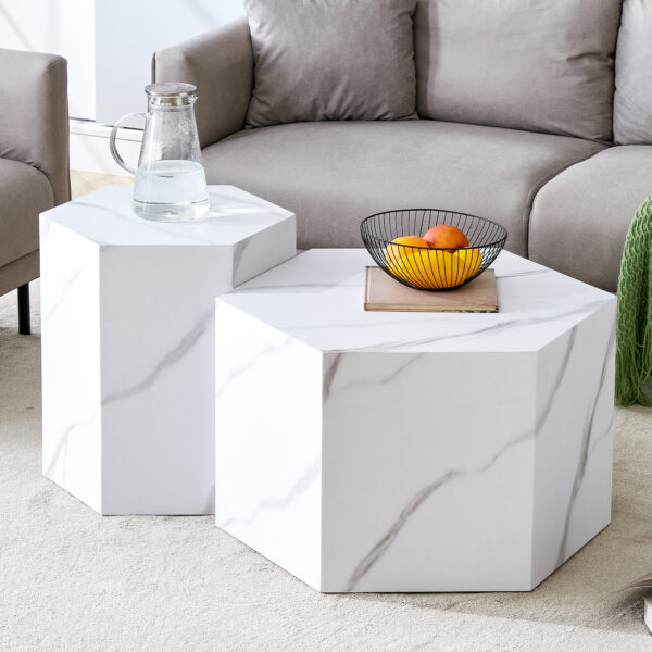 79cded4eaef04446adce7f47c2aef4f3_473bae195921778bcd64da4716e3926d Modern minimalist style hexagonal white marble patterned MDF coffee table set (two-piece set) .Complex texture patterns, style and texture coffee table to redefine your interior decoration.