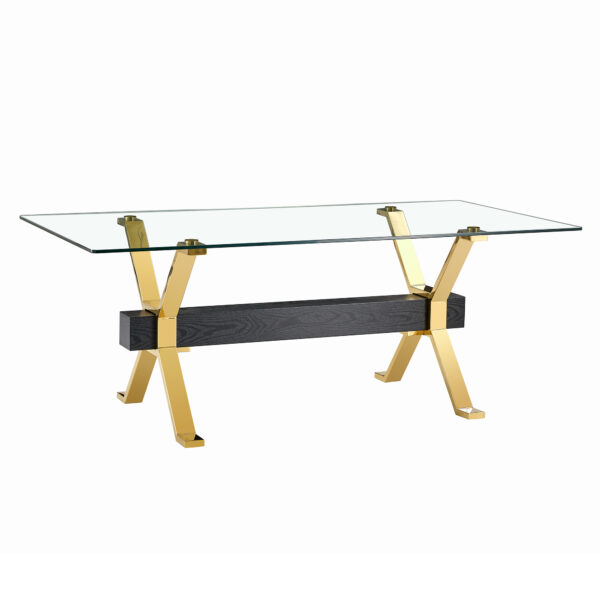 79e4693415bf4ee1b1753f57a95f04db_13dc2d3e5f46b1304733e8ec09bc4913 Dining table. Modern tempered glass dining table. Large modern office desk with gold metal legs and MDF crossbars, suitable for home and office use. Kitchen .71 ''x35.4''x30 '' 1105