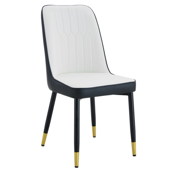 79ea981a307e4e63a5048278d5363929_3eb97af85659d99101af9b2b37ea05c6 Modern Two-Tone PU Dining Chairs - White and Black spliced chairs With Gold Decorated Legs.White and Black spliced,Black Metal Legs,Set of 4 chairs.