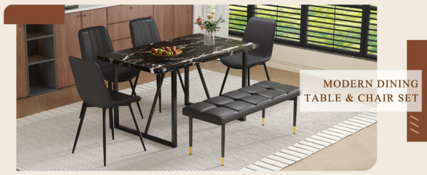 Table and chair set.Modern Black Marble Pattern MDF Dining Table Set - 55"x31.4" with 4 Extended Seat Cushion PU Dining Chairs and 1 Bench,A Choice of Subtle Luxury for Modern Homes.