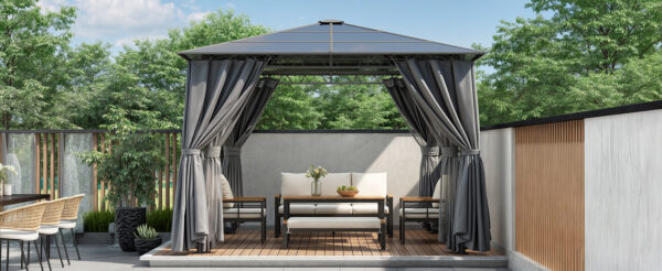 TREXM 10'x10' Hardtop Outdoor Gazebo with Polycarbonate Roof, Patio Gazebo with Aluminum Frame, Mosquito Netting and Privacy Screens for Shade and Rain, Backyard Tent for Backyard, Garden, Lawn (Grey)