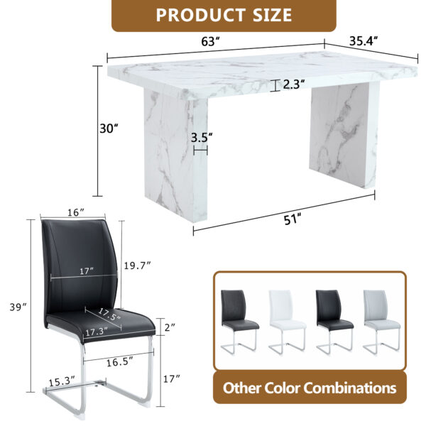7a07ab4b074947b3a60bf830a2cce916_a406c731283dd6878df09aa18656e4db Table and chair set.63"*35.4" White Imitation Marble Pattern MDF Dining Table Set - 4 Soft and Comfortable Black PU Chair With Arched Metal Silver Leg.Create Your Exclusive Low-Key Luxury Space.