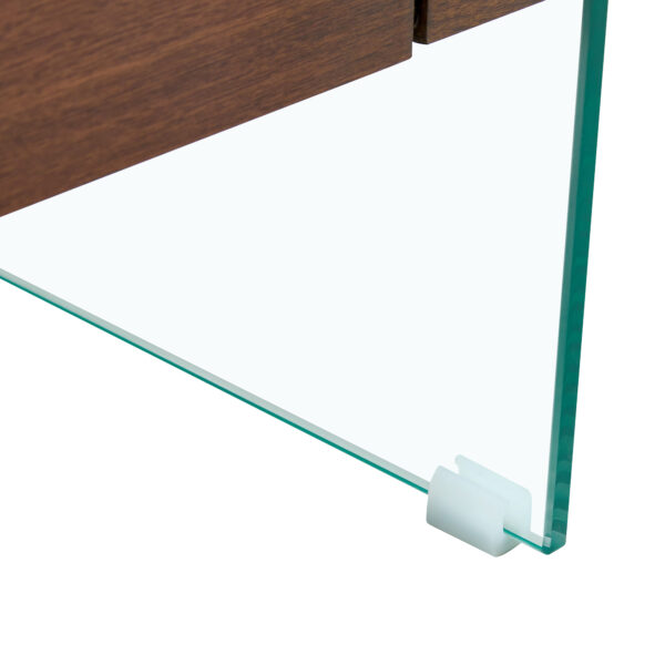 43.3 Inch Modern Two-Tier Coffee Table - Clear Tempered Glass and Dark Wood Grain, Multifunctional Storage Design.The bottom tier includes a drawer.Can be used as a coffee table,side table,etc.