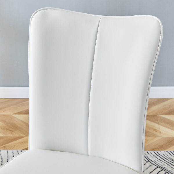 7a15f6df0ca4448881a44303c32be9c3_cdca6df8264ef4889a94a914f37debea Table and chair set.Elegant Transparent Tempered Glass Dining Set - 71"x35.4" with 8 White PU Chairs with a vertical stripe design on the backrest.