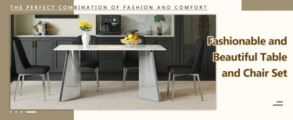 7a1f2b8622ec4fb3a2fc2e1601678a86_6bb06b0ef8d22a70828dcd5530c2e245 Table and chair set.63*31.4 Inch Luxurious Cold Jade Sintered Stone Dining Table Set - 4 Black Chairs With Silver Metal Legs.Modern Light Luxury.Perfect For Dinner Room,Meeting Room,Kitchen,etc.