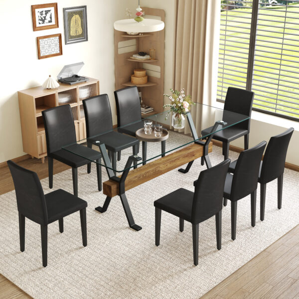 7a32cecaaabc4e1cac3cbfee7fe04919_44f6ab2f54f157de2eb329bea7986592 Table and chair set.79"x31.5" Inch Tempered Glass Tabletop With X-shaped Black Metal Table Legs,Wood Grain Textured MDF Crossbeam.Paired With 8 Black PU Dining Chairs, Simple And Versatile.