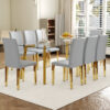 Table and chair set.71 * 35.4 inch rectangular dining table.Tempered Glass Tabletop,Golden 7-shaped Metal Table Legs.Paried With 8 Light Gray PU dining chairs, Golden Metal Legs.Simple and versatile.