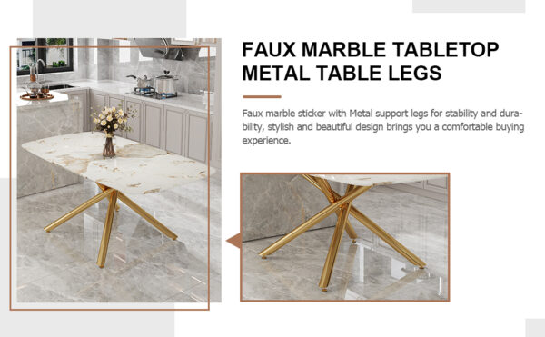7a58027916674e97b265605889bf14d7_f33b8462013952dae1ceb7ee1f085303 Table and chair set, large modern minimalist rectangular dining table, 0.39-inch imitation marble tabletop and golden metal legs, soft leather seats. F-1537