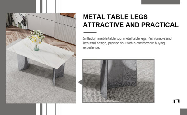 Modern minimalist dining table. Imitation marble glass sticker desktop, stainless steel legs, stable and beautiful. 4 premium PU seats. 63 inches * 35.4 inches * 29.5 inches DT-69 C-1162