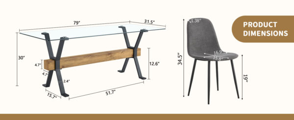 7a8194c500bb41b1af492e78f9d6ab4d_155d2d9d39f84fda2bbac6ef11b581a6 Table and chair set.79"x31.5" with X-shaped Black Metal Table Legs,Wood Grain Textured MDF Crossbeam.Paired With 8 Chairs Made Of Dark Gray Lnen Fabric.Iron pipe spraying Legs.