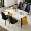 Table and chair set.63"x31.5x30" Luxurious Pandora patterned Sintered Stone Tabletop with Golden Stainless Steel Butterfly Legs.Paried With 4 Black PU Chairs with Simple Line Designs On The Backrest.