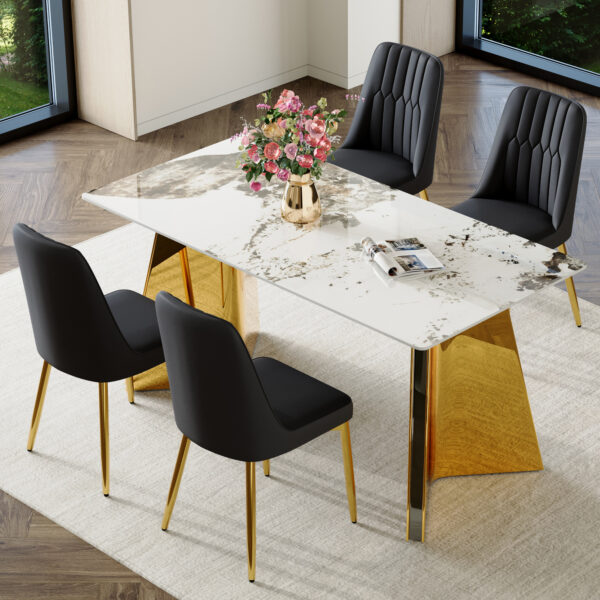7a829ea59b0343d1865eedbbe8ec7ab7_8b1e3e6129c70a94e7852ece1f180e37 Table and chair set.63"x31.5x30" Luxurious Pandora patterned Sintered Stone Tabletop with Golden Stainless Steel Butterfly Legs.Paried With 4 Black PU Chairs with Simple Line Designs On The Backrest.