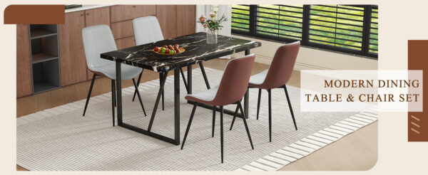 7a832f58ab4f488fbe9081e70fa33ae8_fdbbca8cfad6b82ecd38c68ae49f7359 Table and chair set.Modern Black Marble Pattern MDF Dining Table Set-55"x31.4" with 4 Extended Seat Cushion PU Dining Chairs.Brown and Light Gray Splicing Colors Cushion.Iron Pipe Spraying Chair Legs.