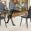 Table and chair set.79"x31.5" with X-shaped Black Metal Table Legs,Wood Grain Textured MDF Crossbeam.Paired With 6 Chairs Made Of Dark Gray Lnen Fabric.Iron pipe spraying Legs.