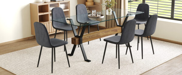 7a93acb113264bc787138193d6bbc2f2_6f73e9f07bb260cffa8a64b1c42f66c5 Table and chair set.79"x31.5" with X-shaped Black Metal Table Legs,Wood Grain Textured MDF Crossbeam.Paired With 6 Chairs Made Of Dark Gray Lnen Fabric.Iron pipe spraying Legs.