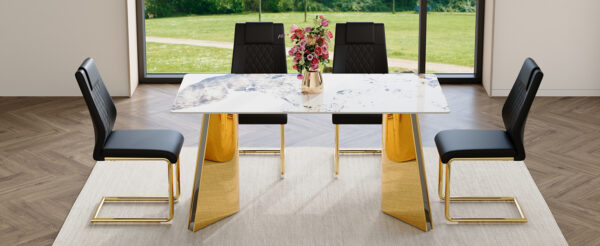 7a9d1b76970844a1a15bf71e21b7d11f_49ae198a1138051860e950022ef81909 Table and chair set.63"x31.5x30" Luxurious Pandora patterned Sintered Stone Tabletop with Golden Stainless Steel Butterfly Legs.Paried With 4 Black High-quality PU Chairs With Arched Metal Legs.