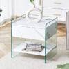 Bedside table with drawers. The board surface is MDF sticker, and both sides are transparent tempered glass. The design is simple and elegant, with excellent storage functions.
