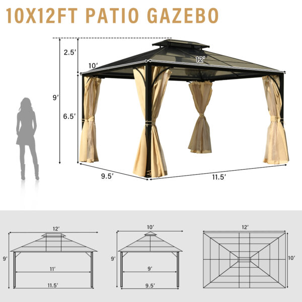 TREXM 10'x12' Hardtop Outdoor Gazebo, Heavy Duty Double Roof Patio Gazebo with Aluminum Frame, Double-Layer Side Walls Mosquito Netting & Privacy Curtains for Patio, Garden, Backyard (Beige)