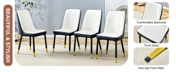7af567c2eb9b4abcb3efab07ffaf998a_1a8a2a64442bcece95a2b83ae6bff8dd Modern Two-Tone PU Dining Chairs - White and Black spliced chairs With Gold Decorated Legs.White and Black spliced,Black Metal Legs,Set of 4 chairs.