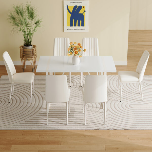 7b023c3d41854530a7aa5e691996716b_6a511796038d85115e3799b84531051c 55"x31.5"Cream-Style White MDF Dining Table Set with 6 Armless Chairs.The backrest of the dining chair is designed with multiple vertical stripes.Adding a warm atmosphere to your family.