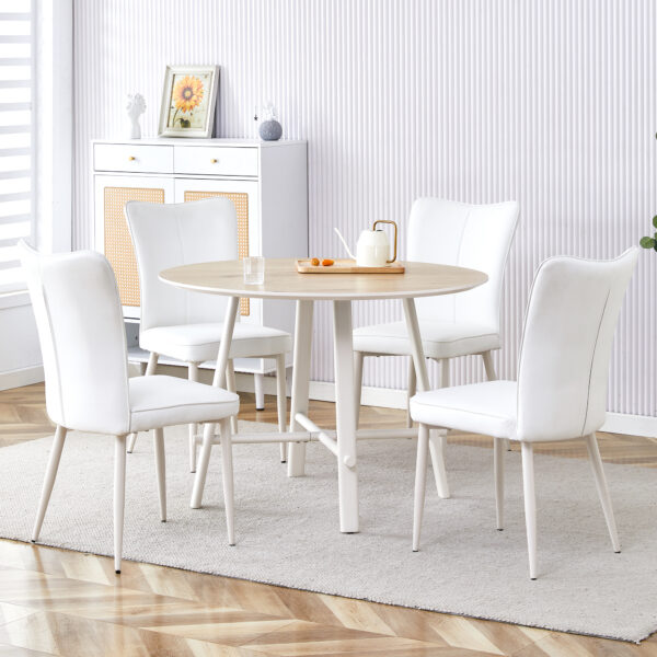 7b04b4d10c5c42f186dffd35852aadf8_21dd7f80b388b2d0fbf8a010c5f20805 Table and chair set, MDF desktop, white metal table legs, stable and beautiful, suitable for most styles of home. Modern simple dining table, comfortable seating.