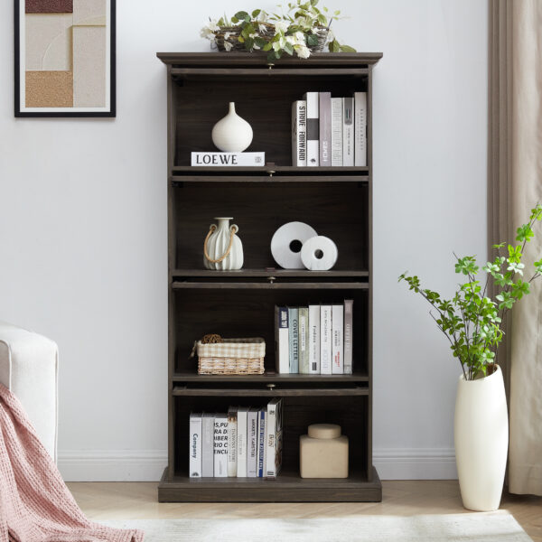 4 Tier Glass Display Cabinet for Living Room Stylish Storage Curio Cabinet with Flip Up Glass Doors Perfect Collectors Showcase Toy Figure Organizers Rack Elegant Bookcase- BROWN