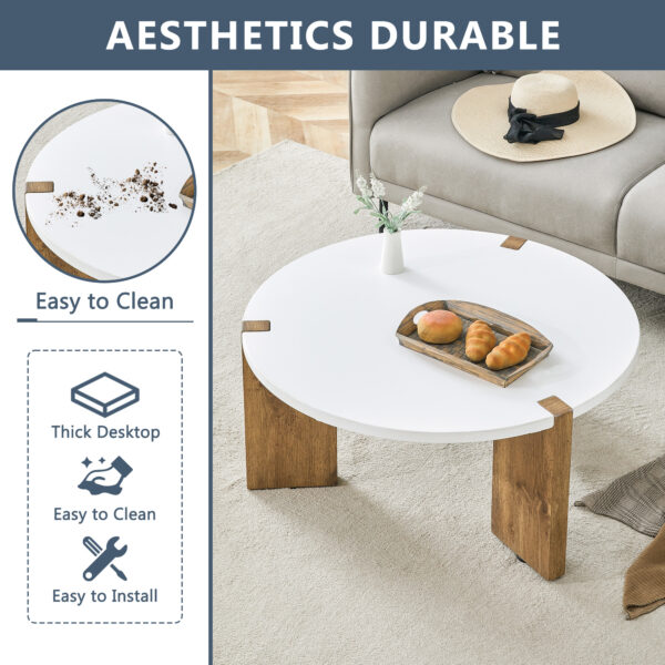 7b21b613a200499794b5feda16060fad_0a6e6ea58e0f45ca2a01755e8d75687c 33.4-inch diameter minimalist circular MDF material coffee table, a stable and practical choice. The unique embedded design and the support of three table legs make the coffee table structure stable.