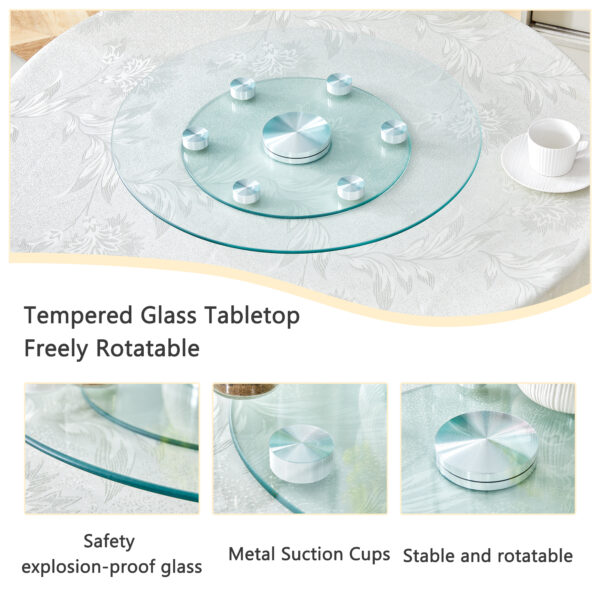 7b36178326a14d768505a4a8595fe1e3_6631a97bc400a7c74649b69bab5cc2a2 Double layer rotatable round glass.The rotatable design makes it more convenient to retrieve and place items.The upper glass has a diameter of 24 inches, while the lower glass15 inches.