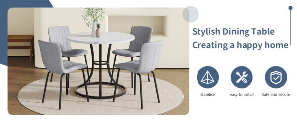 7b4bdb4996fa4772a4eff907103103ac_35e41deabb0d75d766b28df1b96c9c9b Table and chair set.A Modern Minimalist Circular Dining Table With A Diameter Of 33.3 Inches.Paired With 4 High Quality Light Gray Dining Chairs Made Of Linen Fabric.Iron pipe spraying Legs.