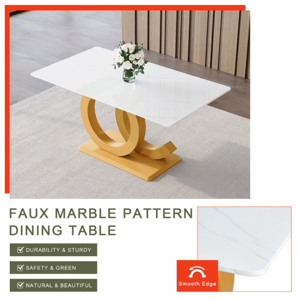 7b5f4dac50b4462c9d5772487b0e34ee_3bc33a76378f6d5083d6a6c4027932d9 Table and chair set.Subtle Luxury Tempered Glass Dining Set - 63"x35.4" with 6 Black PU Material High Resilience Dining Chairs.Arched Metal Gold Leg.White imitation marble texture sticker Tabletop.