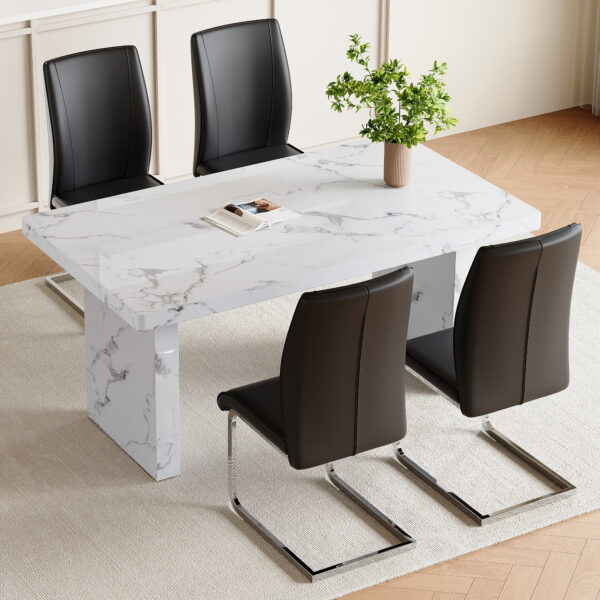 7b61d4b63aff4f1b93cd5dc84b74eaf3_1794d33964a75bff77e3eec8e8d705bb Table and chair set.63"*35.4" White Imitation Marble Pattern MDF Dining Table Set - 4 Soft and Comfortable Black PU Chair With Arched Metal Silver Leg.Create Your Exclusive Low-Key Luxury Space.