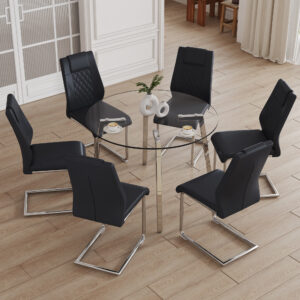 Table and chair set.A Modern Minimalist Style Round Clear Tempered Glass Table with silver Metal Legs.Paried with 6 chairs with Modern PU Leather High Back Upholstered and C-Tube Chrome Legs.