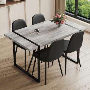 Table and chair set.A minimalist retro rectangular dining table with a specially textured top and black metal legs.Paired With 4 Mid-Century Style Upholstered Side Black PU Chairs,Spoon Shaped Chairs.