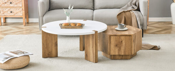7bb57f77641f4a428d4e48c00b5f2270_6d31179327c2e8d21eda3b6736bd3682 Fashionable and versatile MDF material coffee table set, unlocking a new style in the living room.All are made of MDF material, with white and wood textured stickers on the surface.