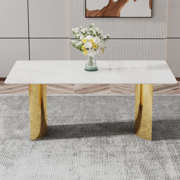 7bba37ea0e934b3f9b4d503ab4a0d4db_20231122_b5241b2f74103fd0645c520802d416c4 Modern minimalist dining table. The white imitation marble glass desktop is equipped with golden metal legs. Suitable for restaurants and living rooms 71 "* 39.3" * 29.5 "DT-69