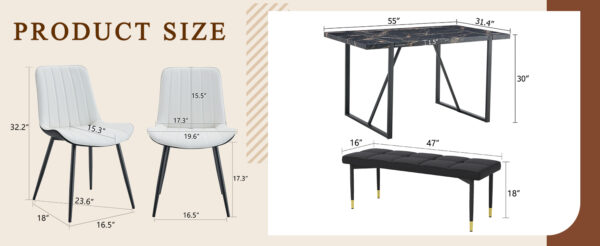 7bbe1e852938482e88d2ed0b1c8a2ca9_8be55317b170118eeb992d8f412c89b8 Table and chair set.Modern Black Marble Pattern MDF Dining Table Set - 55"x31.4" with 4 Extended Seat Cushion PU Dining Chairs and 1 Bench,A Choice of Subtle Luxury for Modern Homes.