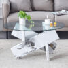 Round glass coffee table, 33.4 "modern design unique coffee table. Tempered glass countertop with white patterned MDF legs. Suitable for living and dining rooms