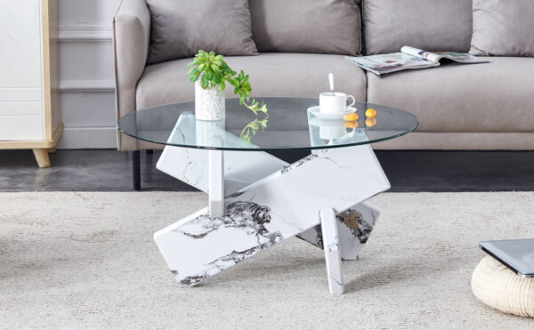 7bc75857a6854bab8ea92baa10eee355_aa620f50924b0c3e0de8f8f969d941e7 Round glass coffee table, 33.4 "modern design unique coffee table. Tempered glass countertop with white patterned MDF legs. Suitable for living and dining rooms