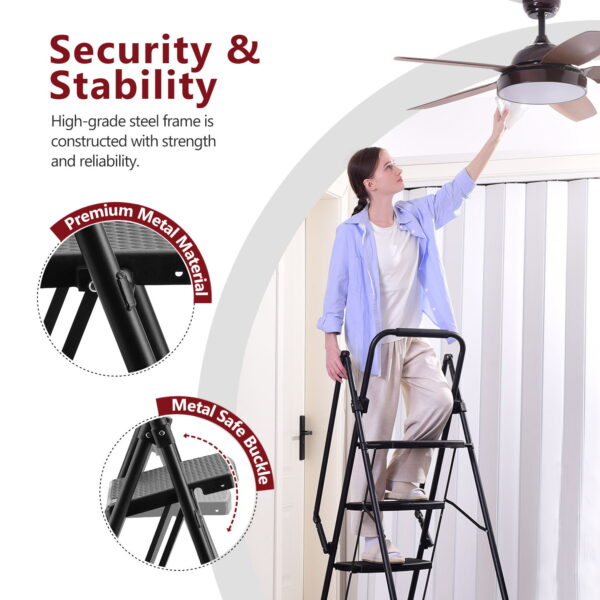 7bd28cb948a04261a19d0126612073fa_ebddd8fd58735b8950267866de1fb838 Four step ladder, lightweight folding four step stool, wide anti slip pedal and safety handle, sturdy steel ladder, multi-purpose step ladder, suitable for home, kitchen, and office elevators